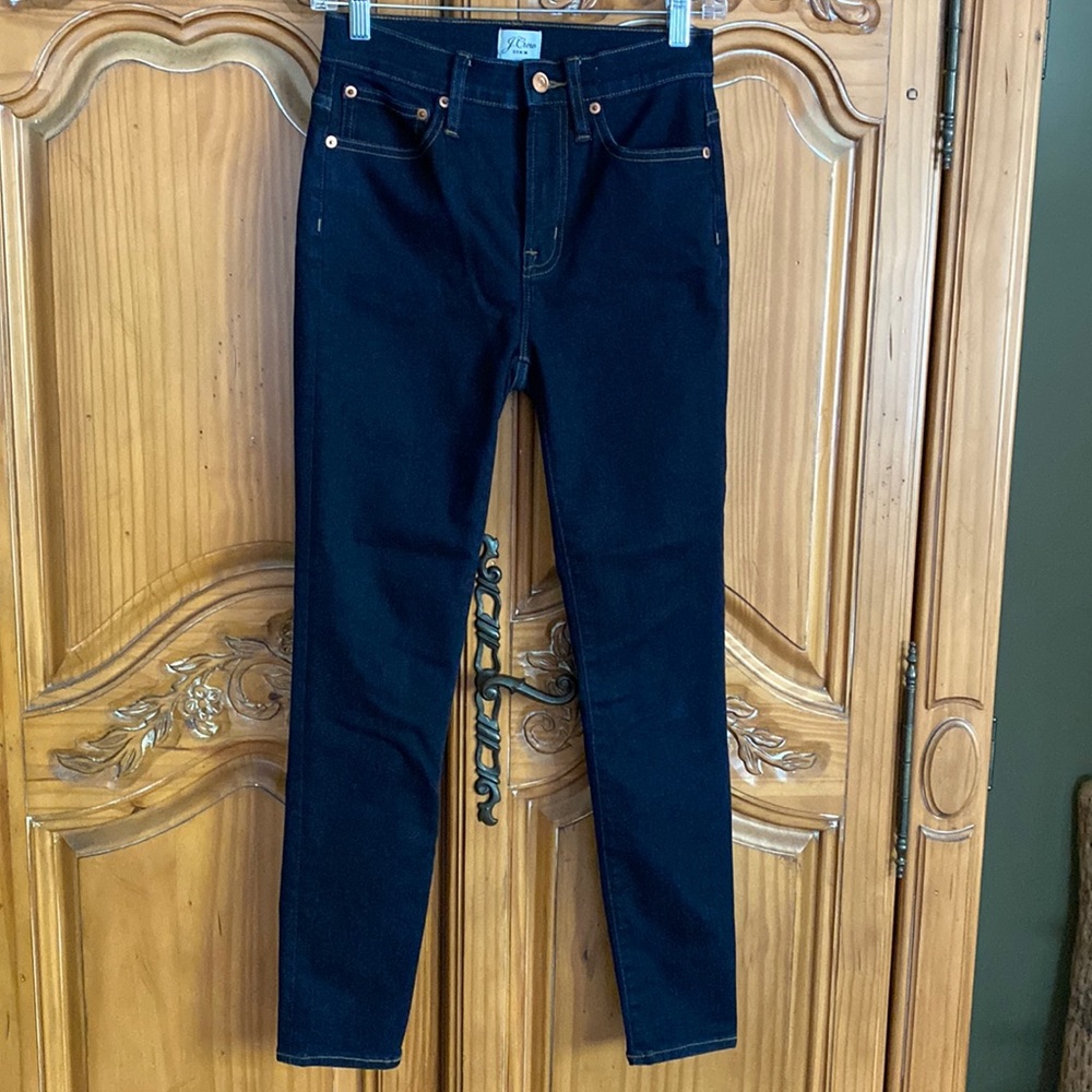 J.Crew high rise toothpick dark wash jeans.